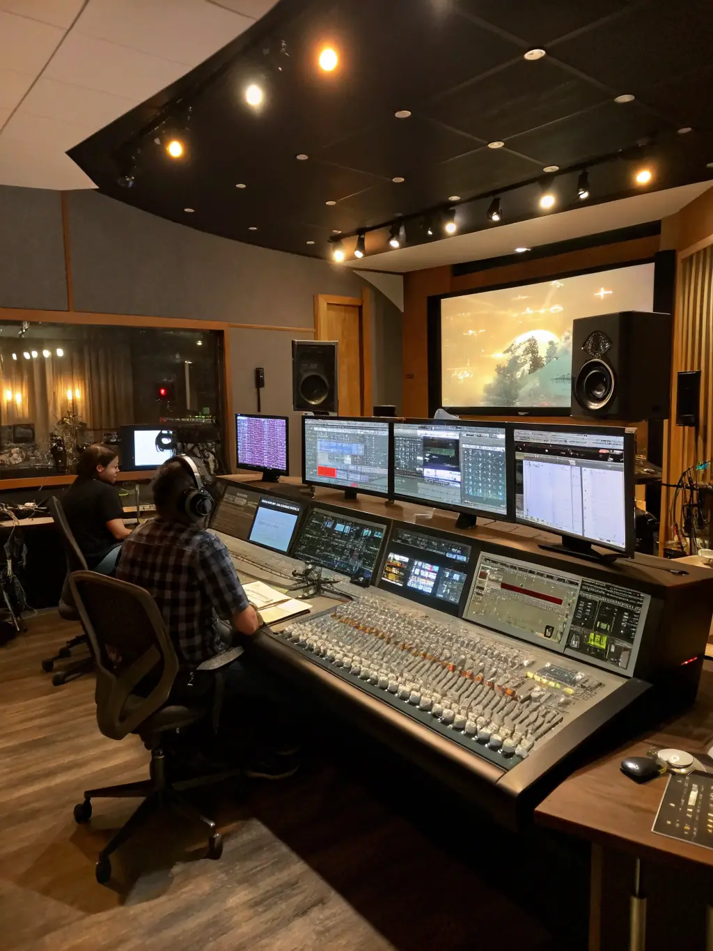 A modern recording studio setup with advanced audio mixing consoles and soundproofing, highlighting the technical capabilities for high-quality audio production.