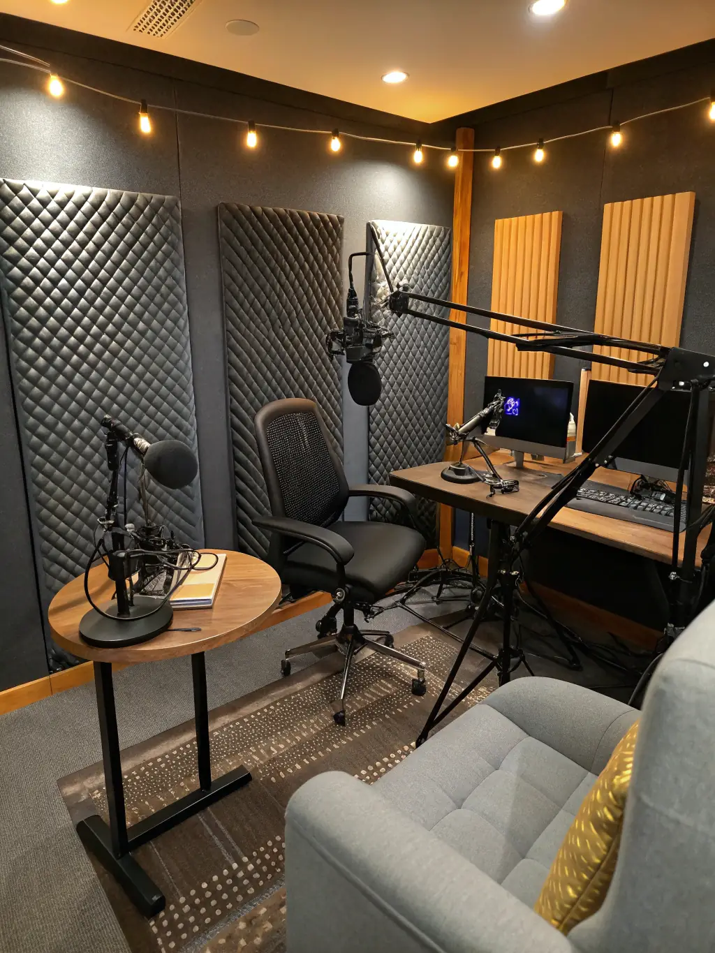 An image showcasing a professional podcast studio with high-quality microphones, soundproofing, and editing equipment, emphasizing the professional environment for podcast creation.