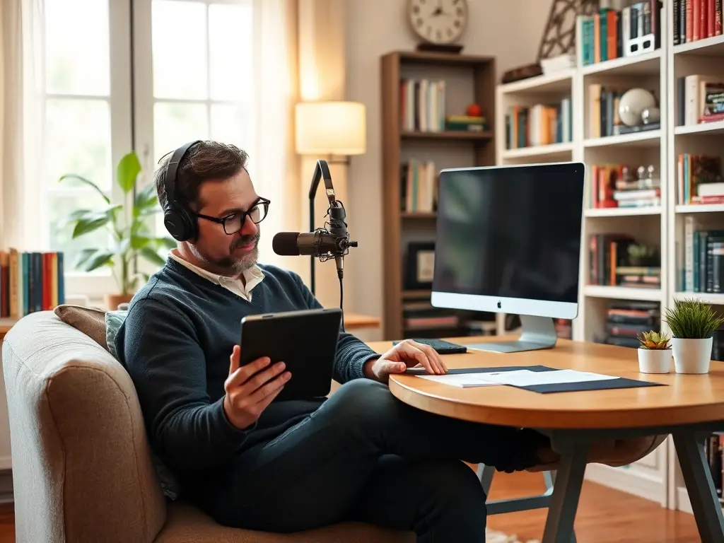 A person recording a podcast remotely, using professional equipment in a home setting, showcasing the flexibility and convenience of remote podcast recording.