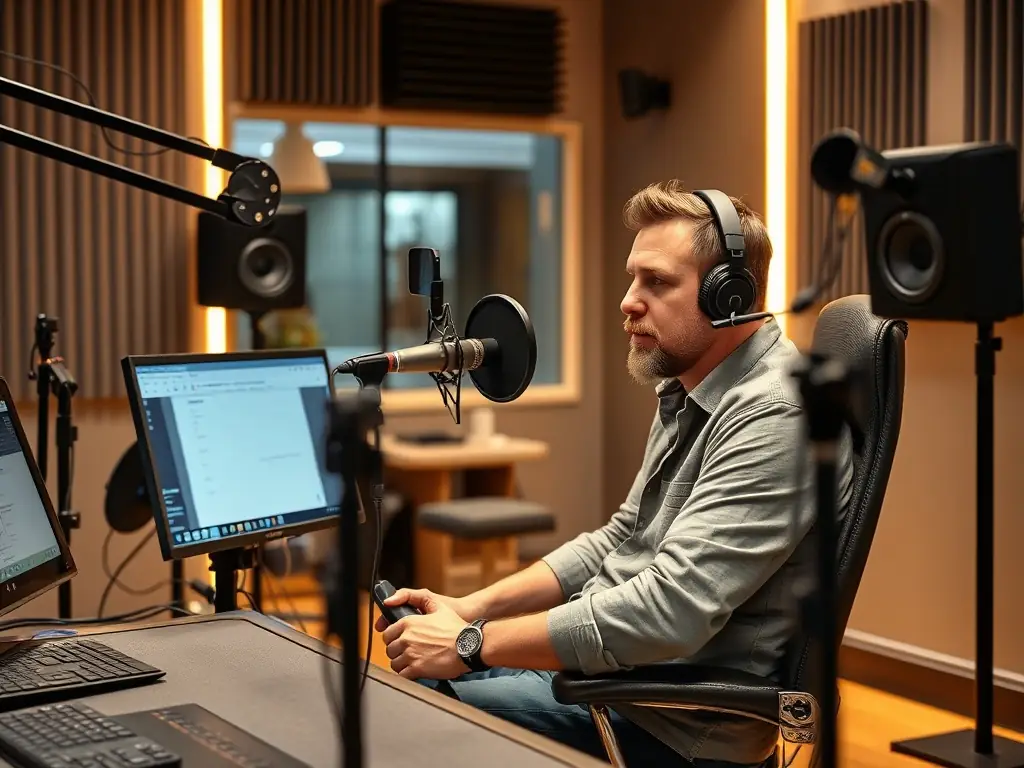 A professional podcaster in a soundproof studio, speaking into a high-quality microphone with editing software visible on a nearby computer screen, capturing the essence of studio-quality podcast production.